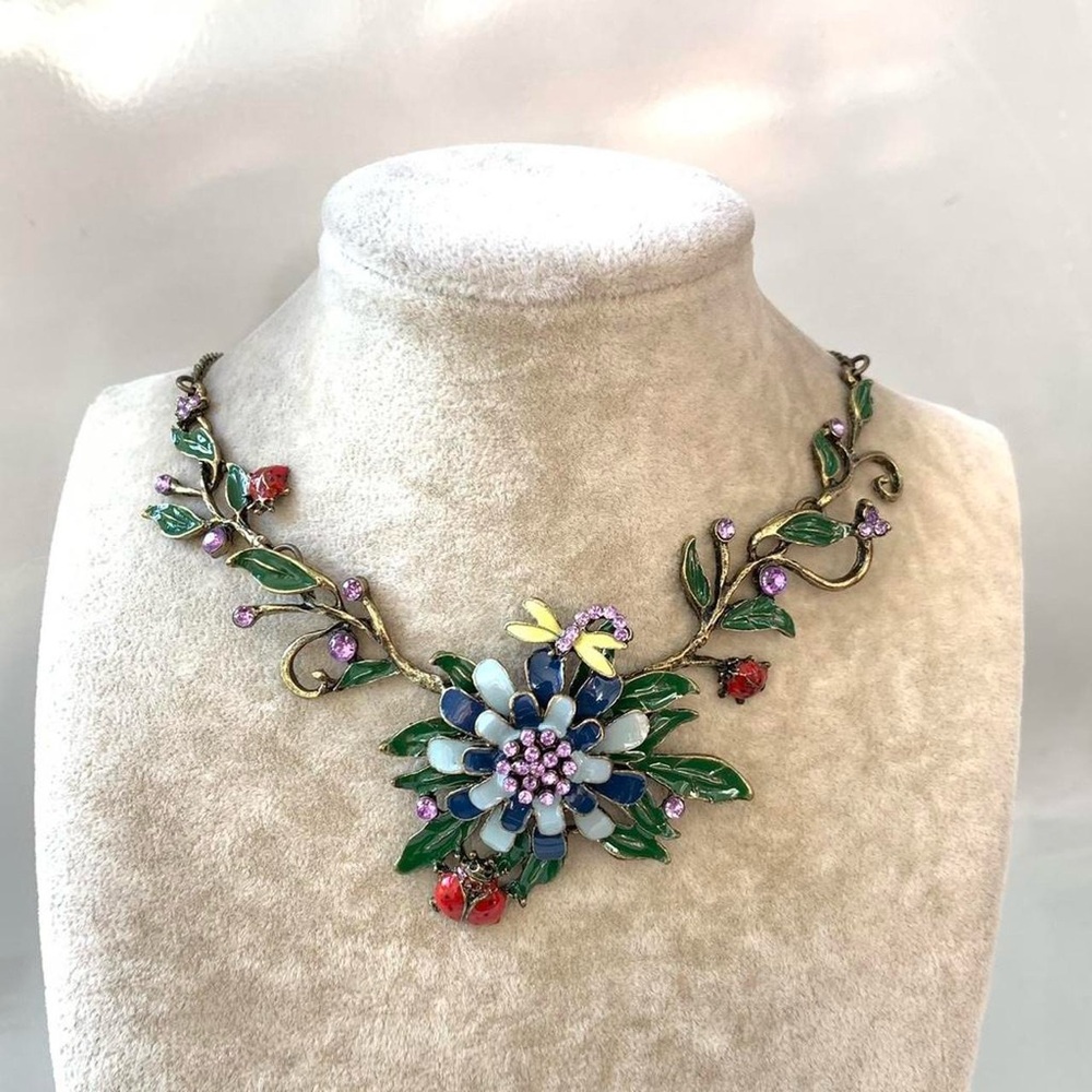 Fairy Enamel Statement Necklace in Green, Blue & Purple lady bug dragonfly y2k - Picture 2 of 8